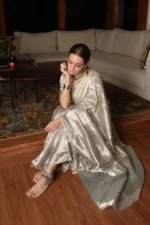 Silver Chanderi tissue silk saree for festive and wedding wear