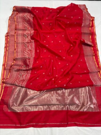 Red Chanderi Silk Saree with Zari Border | ChanderiThread