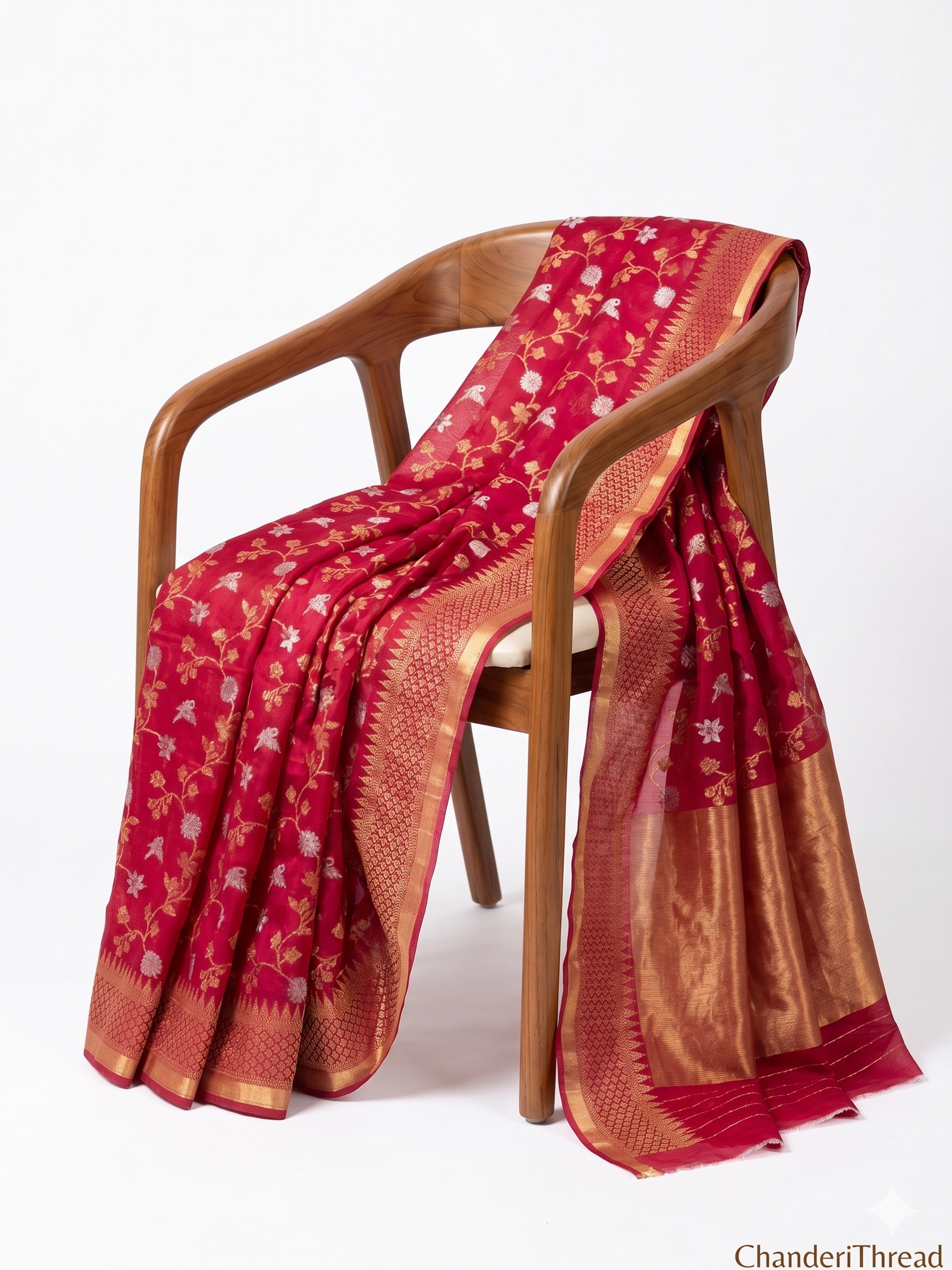 Rani Pink Chanderi Silk Saree with Gold Zari Border | ChanderiThread