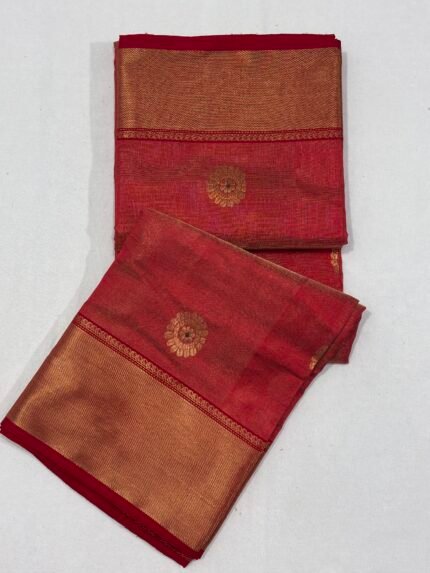Red Chanderi Tissue Saree with Golden Zari Butti | Designer Saree